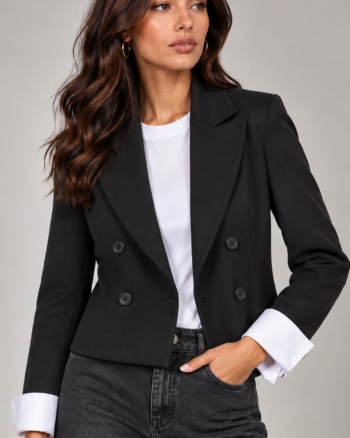 Fiamma Jacket in Nero Italian black double-breasted blazer shown open, close-up of structured lapels and tonal buttons