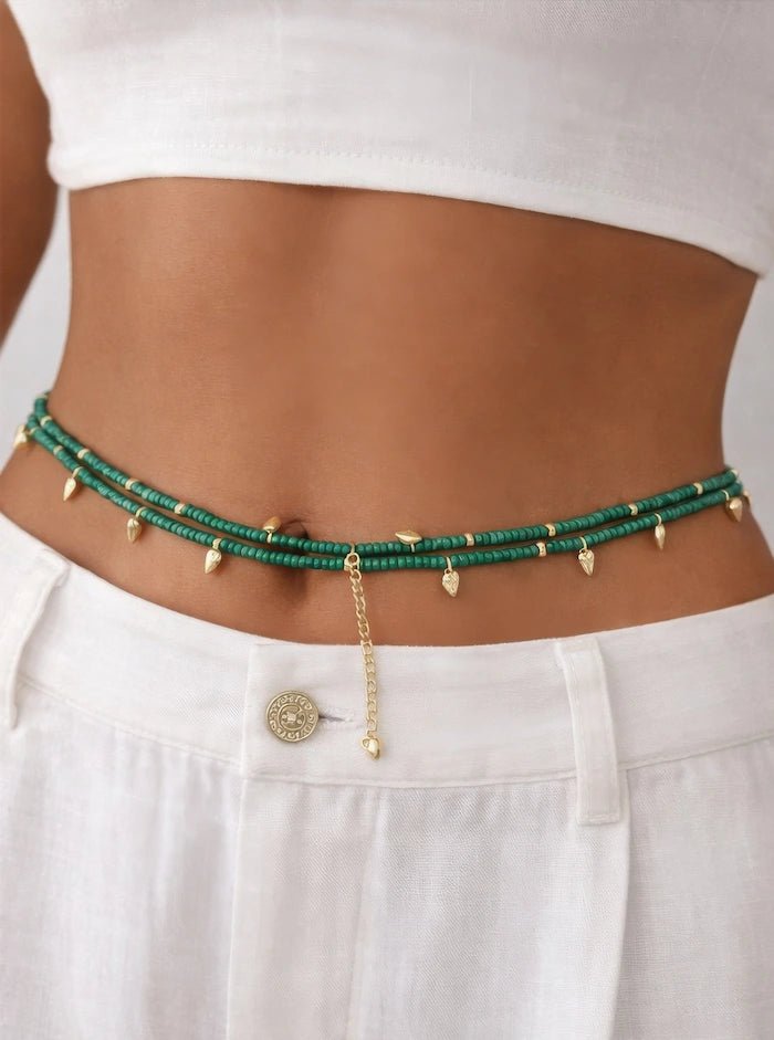 Emerald Green Beaded Convertible Necklace, Bracelet & Belt with Gold Charms - ELLY