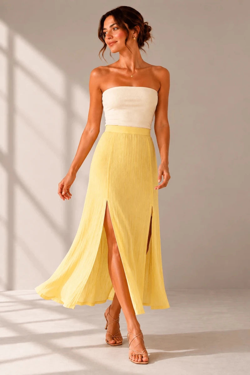 Empire Yellow Double Slit Maxi Skirt - ELLY