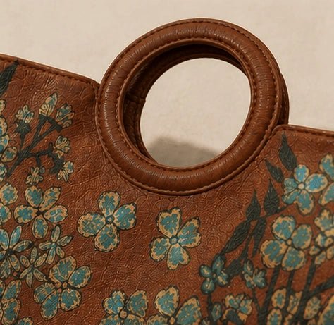 Half - Moon Floral Leather Top Handle Bag – Tan - ELLY