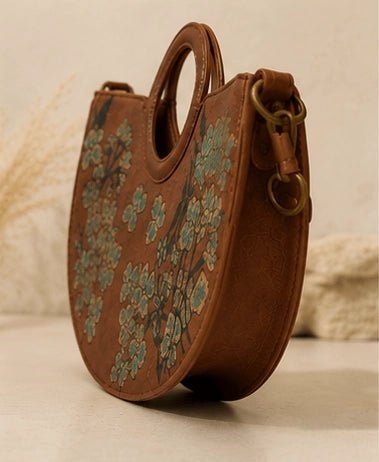 Half - Moon Floral Leather Top Handle Bag – Tan - ELLY