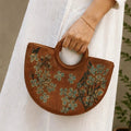 Half - Moon Floral Leather Top Handle Bag – Tan - ELLY