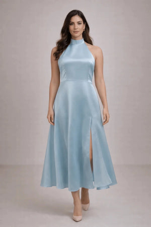 Halter - Neck Satin Midi Dress in Blue – by ELLY - ELLY
