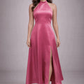 Halter - Neck Satin Midi Dress in Fuchsia – by ELLY - ELLY