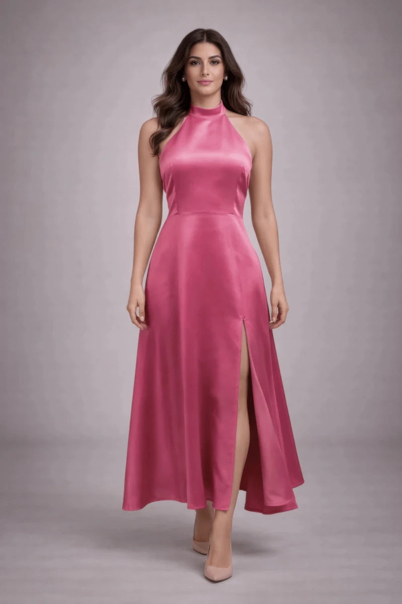 Halter - Neck Satin Midi Dress in Fuchsia – by ELLY - ELLY