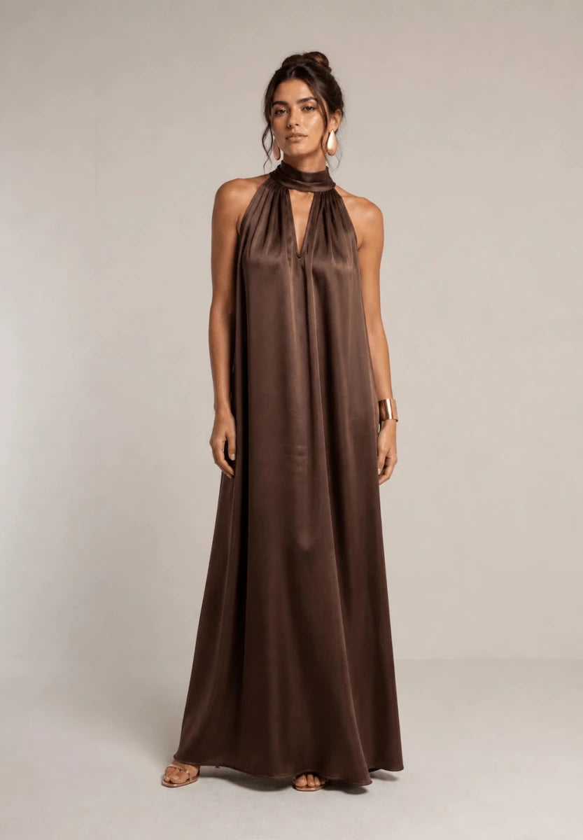 Halter Satin Maxi Dress - ELLY