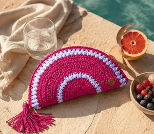 Handmade Fuchsia Crochet Half - Moon Clutch – Pink &amp; White - ELLY