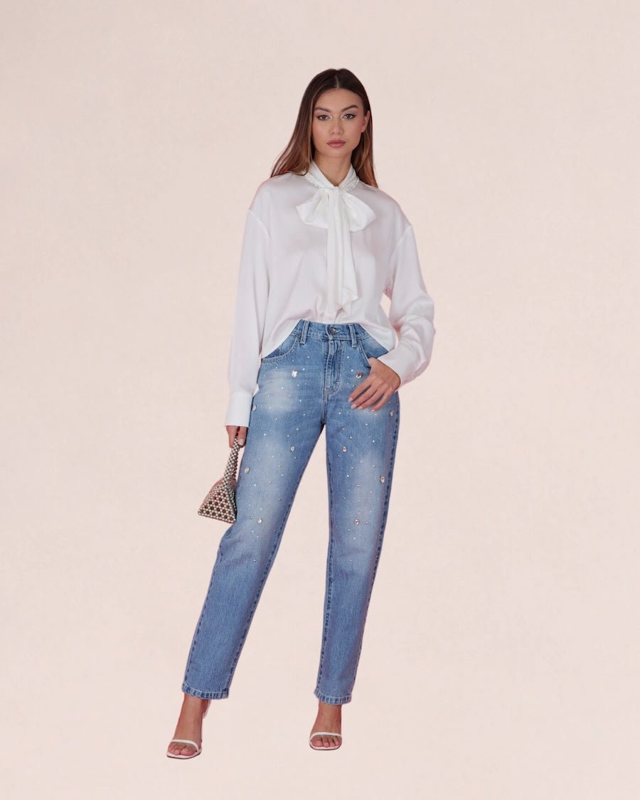 Jeans with Embellished Rhinestones – Denim Azzurro - ELLY