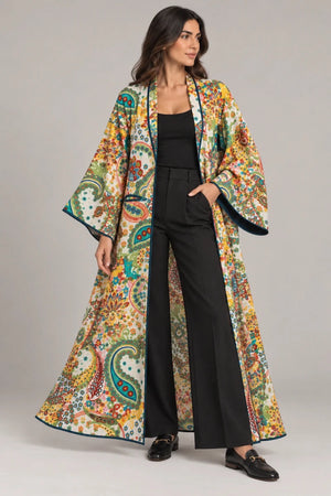 Limited Edition Handmade Paisley Kantha Cotton Kimono - Bohemian Floral Multicolor Print - ELLY