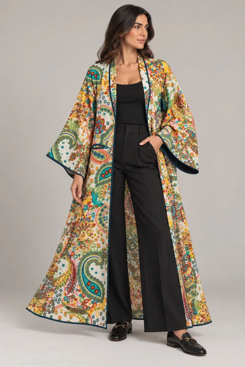 Limited Edition Handmade Paisley Kantha Cotton Kimono - Bohemian Floral Multicolor Print - ELLY