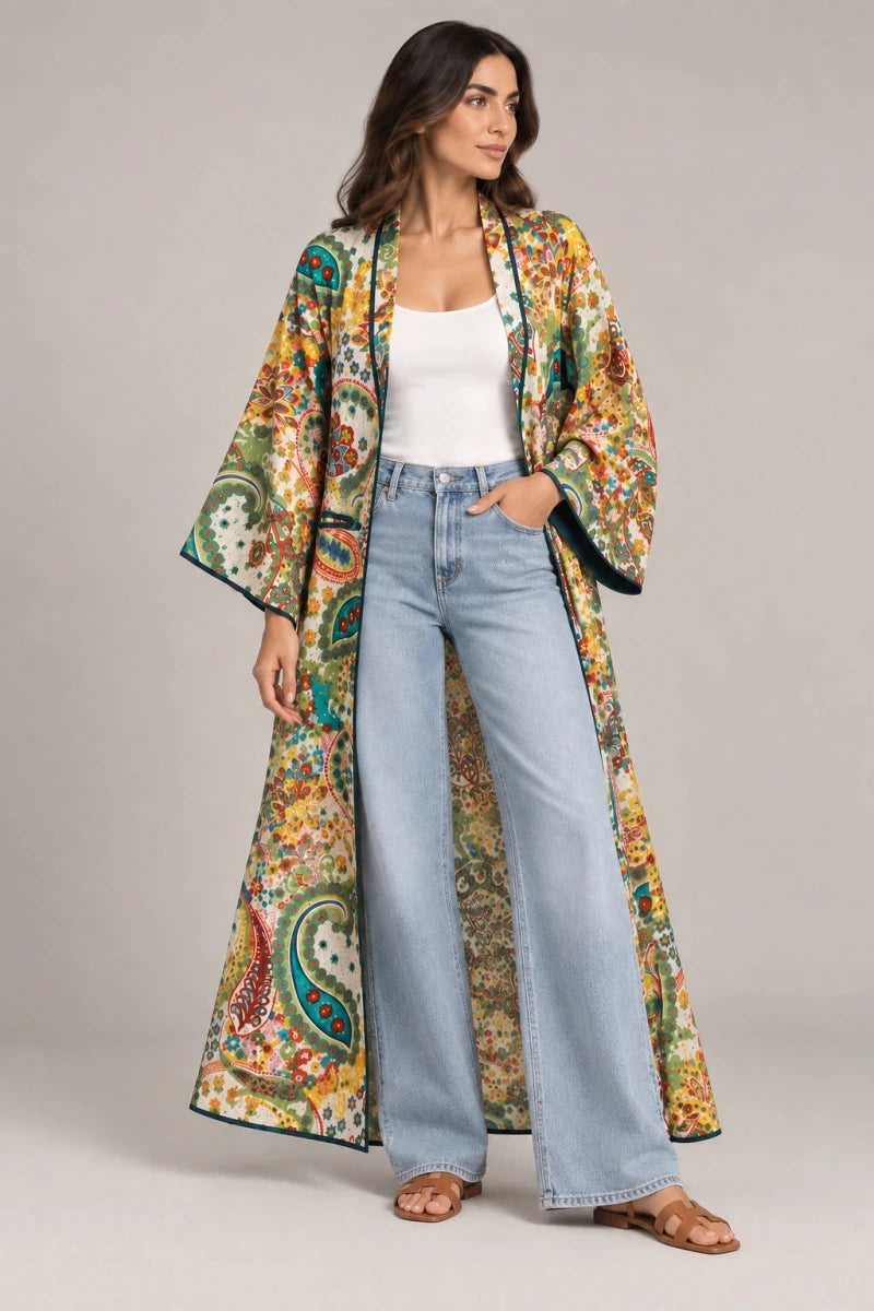 Limited Edition Handmade Paisley Kantha Cotton Kimono - Bohemian Floral Multicolor Print - ELLY