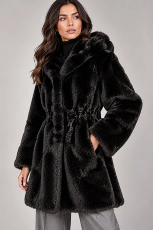 Luxora Plush Fur Italian Hooded Coat – Black - ELLY