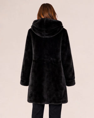 Luxora Plush Fur Italian Hooded Coat – Black - ELLY