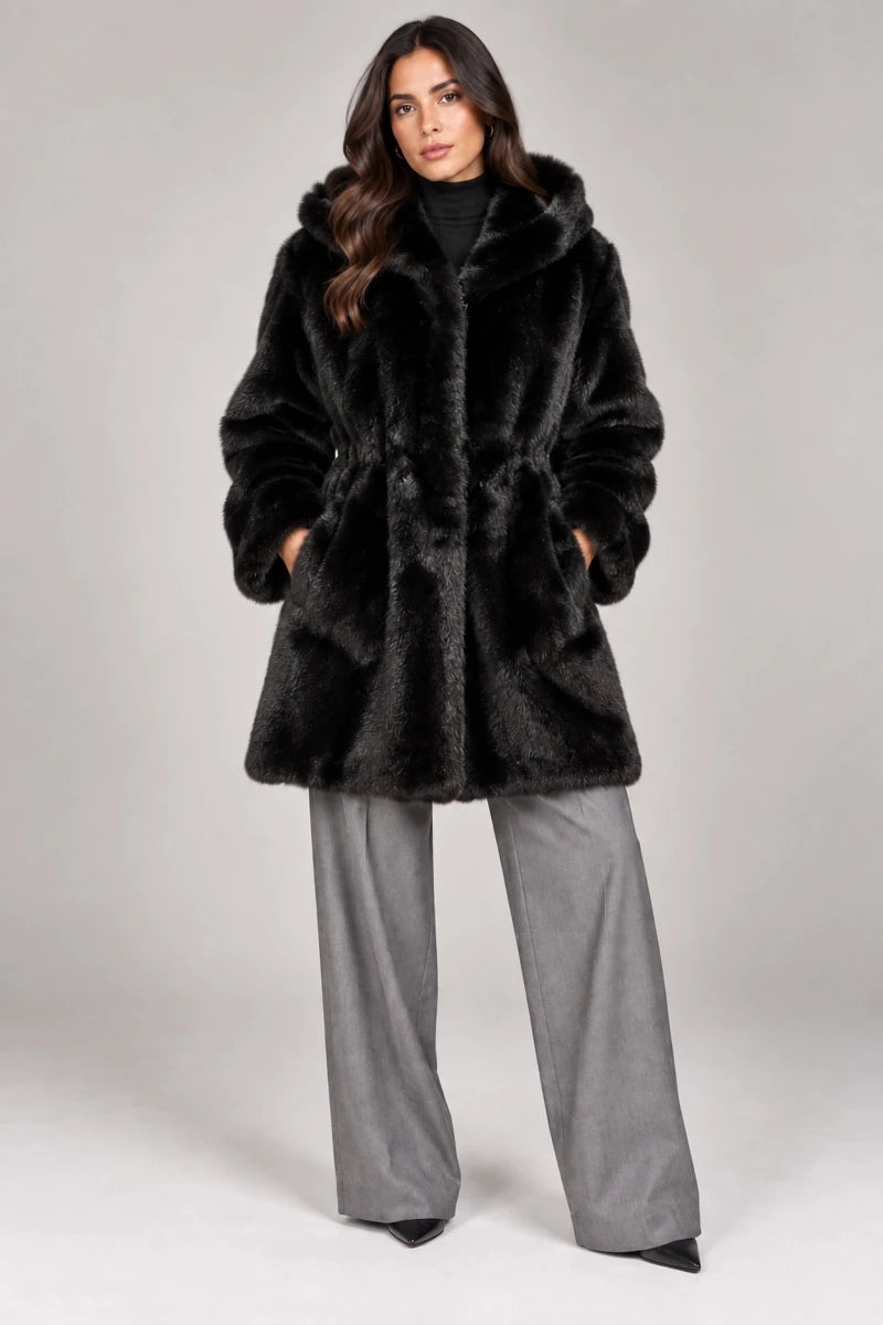Luxora Plush Fur Italian Hooded Coat – Black - ELLY
