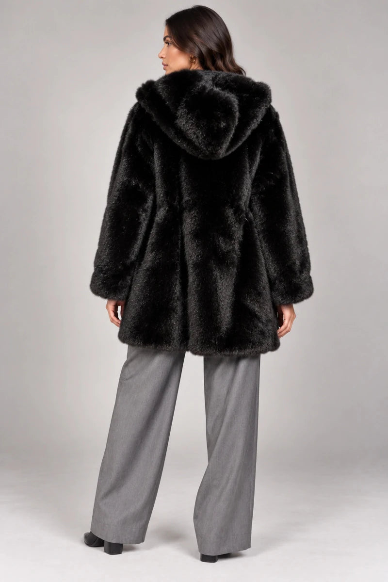 Luxora Plush Fur Italian Hooded Coat – Black - ELLY