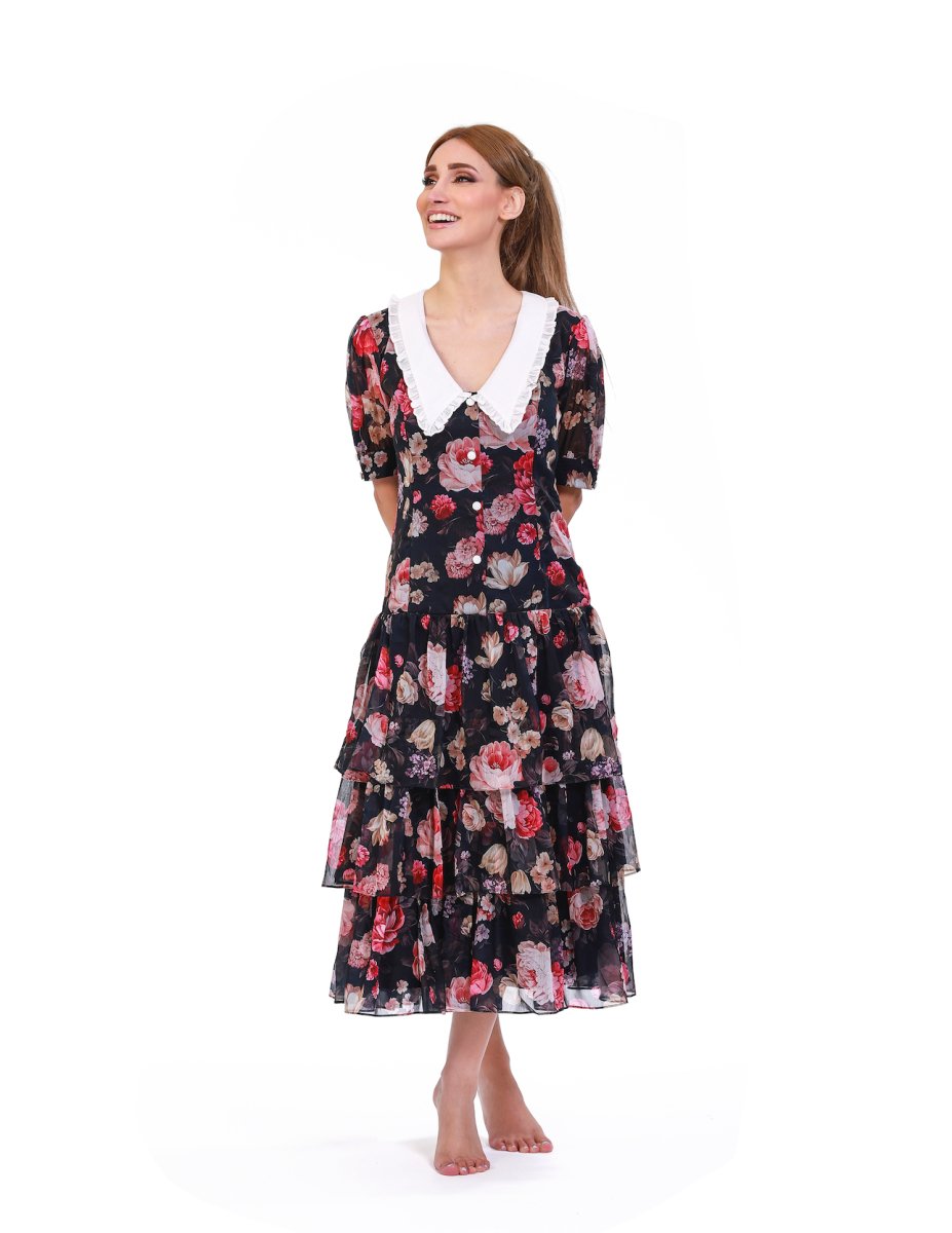 Modern Romance Floral Chiffon Midi Dress - ELLY