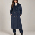 Navy Blue Double-Breasted Long Coat - ELLY