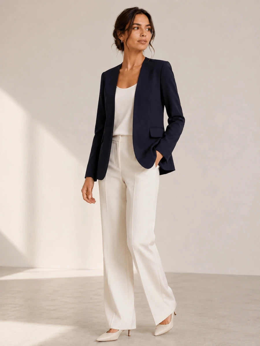 Navy Blue Open Front Linen Blazer - ELLY