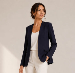 Navy Blue Open Front Linen Blazer - ELLY