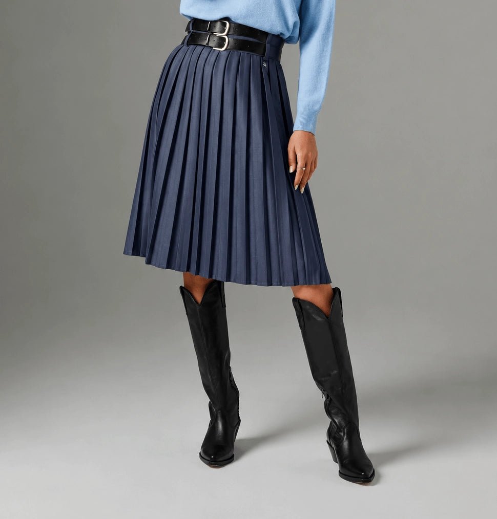 Navy Blue Pleated Double Waist Skirt - ELLY