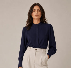 Navy Blue Scalloped Trims Shirt - ELLY