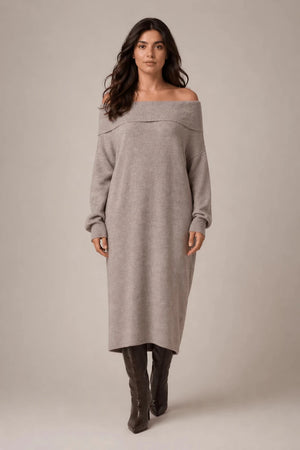 Off - Shoulder Ribbed Knit Midi Dress – Tortora - ELLY