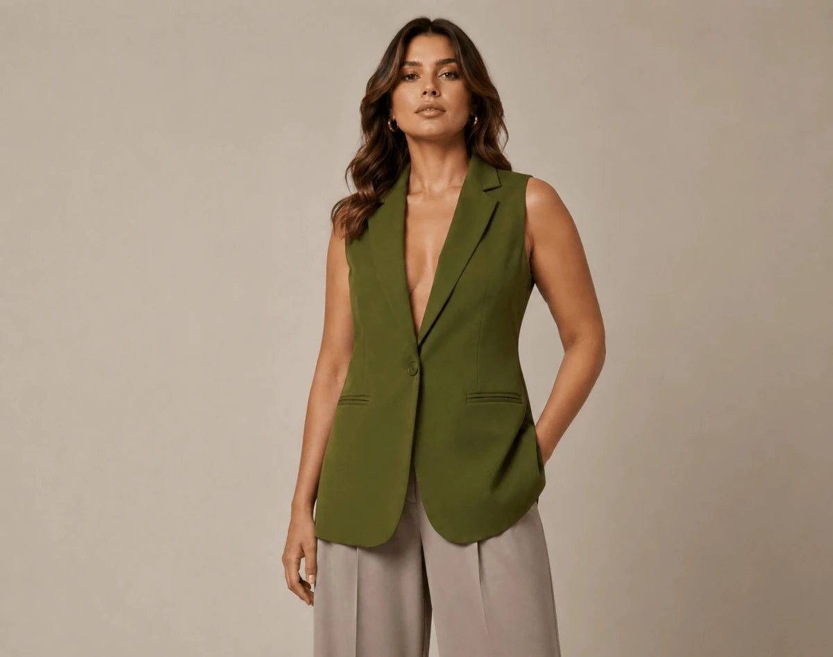 Olive Green Sleeveless Blazer - ELLY