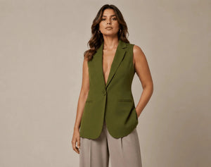 Olive Green Sleeveless Blazer - ELLY
