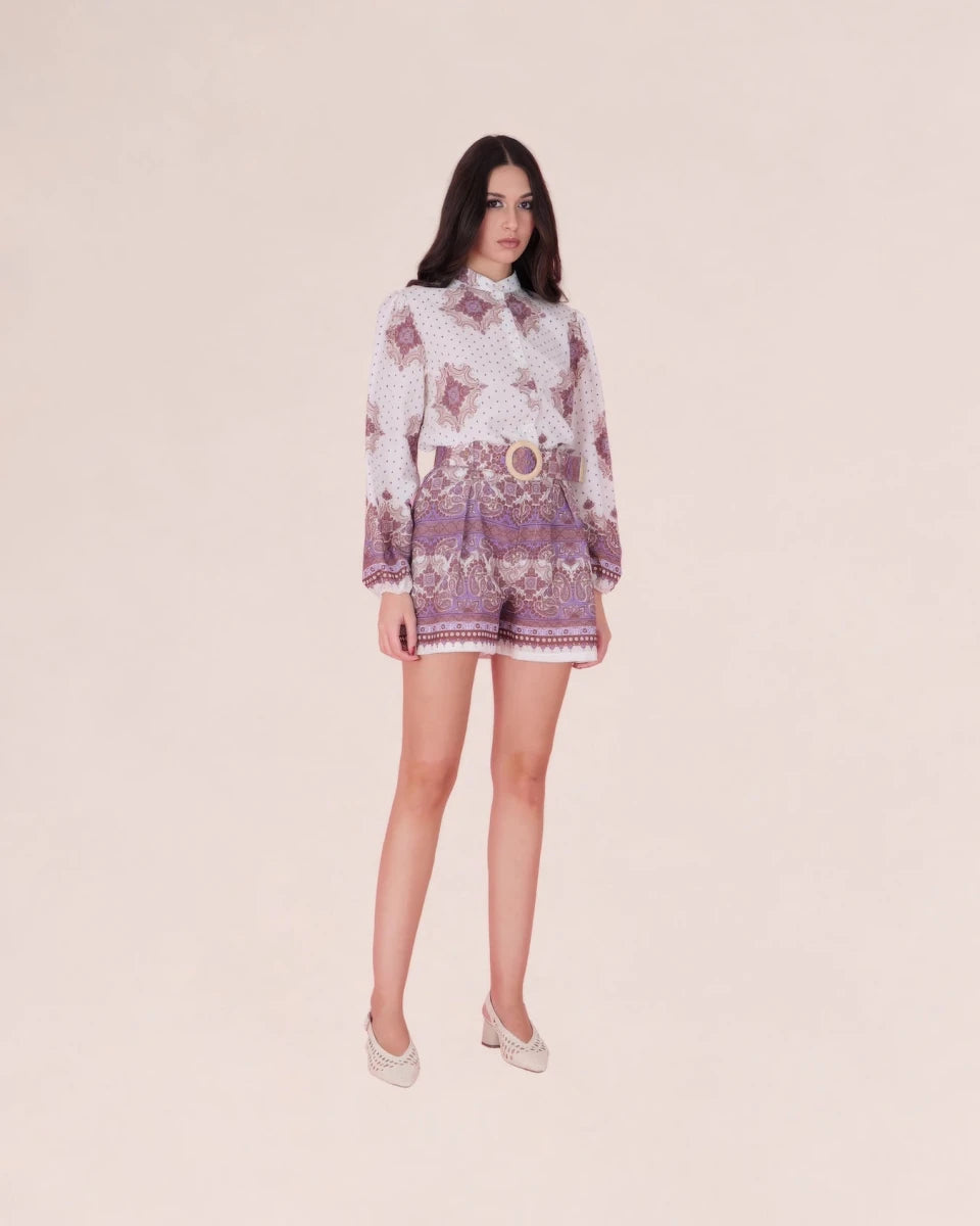 Ornate Belted High - Waist Shorts – Avorio e Lilla - ELLY