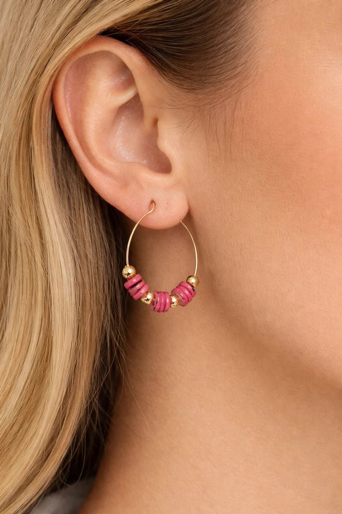 Pink Stone & Gold Hoop Earrings - ELLY