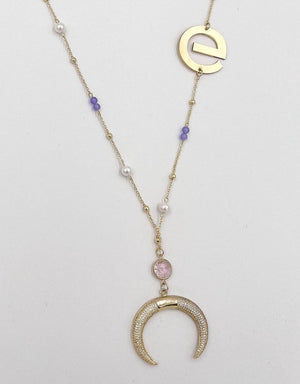 Pink Zircon Half Moon and Crystal Ornaments ELLY Necklace - ELLY