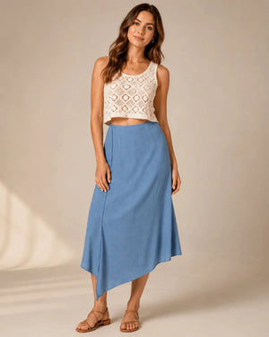 Powder Blue Asymmetric Wrap Midi Skirt - ELLY