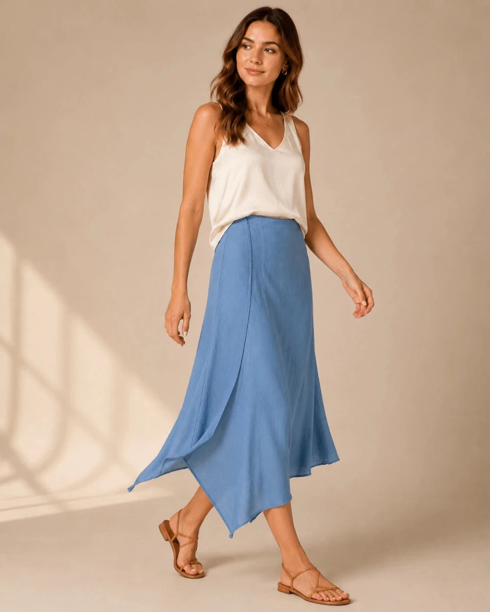 Powder Blue Asymmetric Wrap Midi Skirt - ELLY