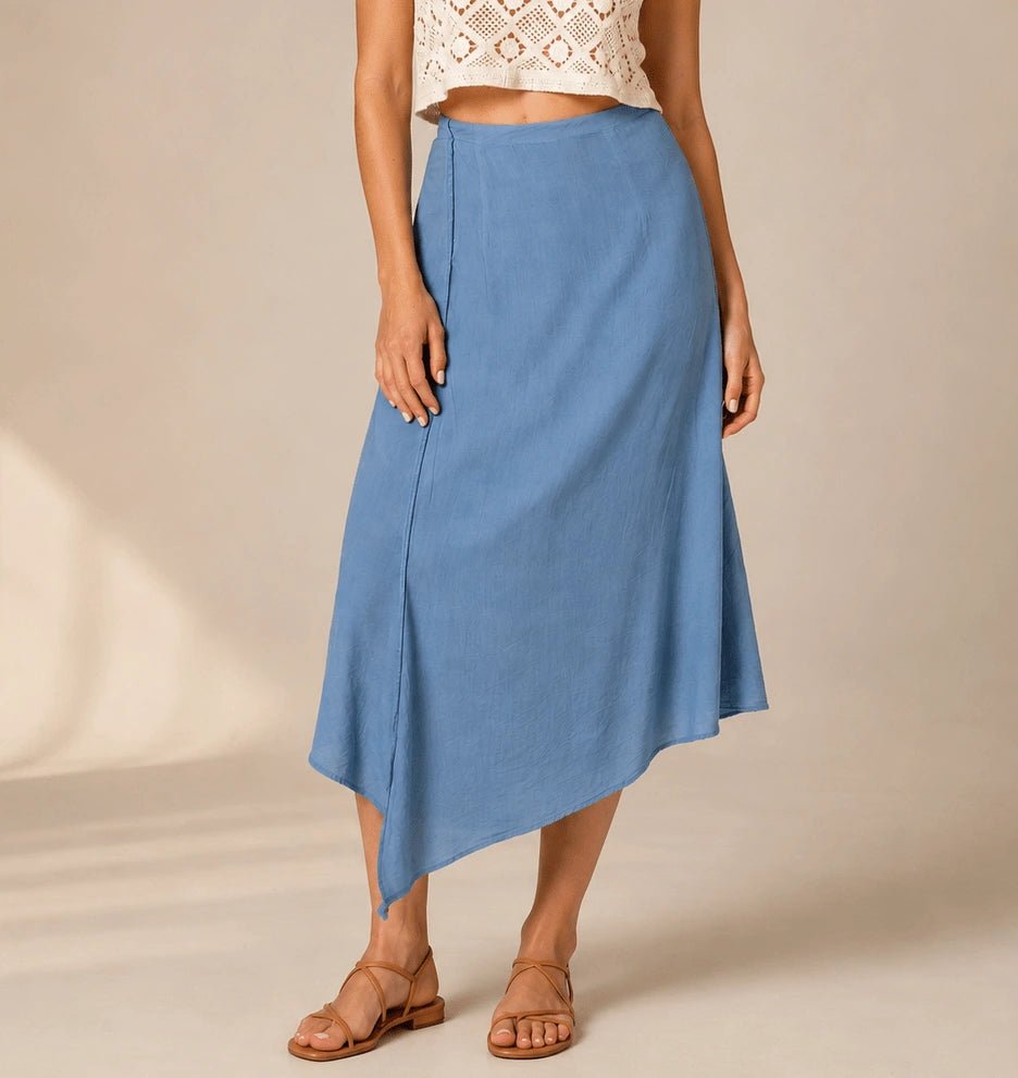 Powder Blue Asymmetric Wrap Midi Skirt - ELLY