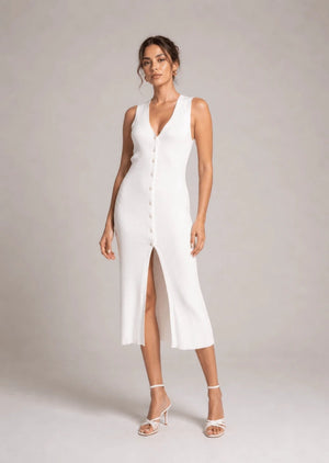 Ribbed Button - Front Midi Dress - ELLY