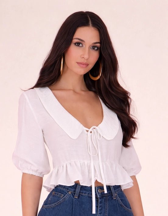 Ruffle tie - front top – Bianco - ELLY