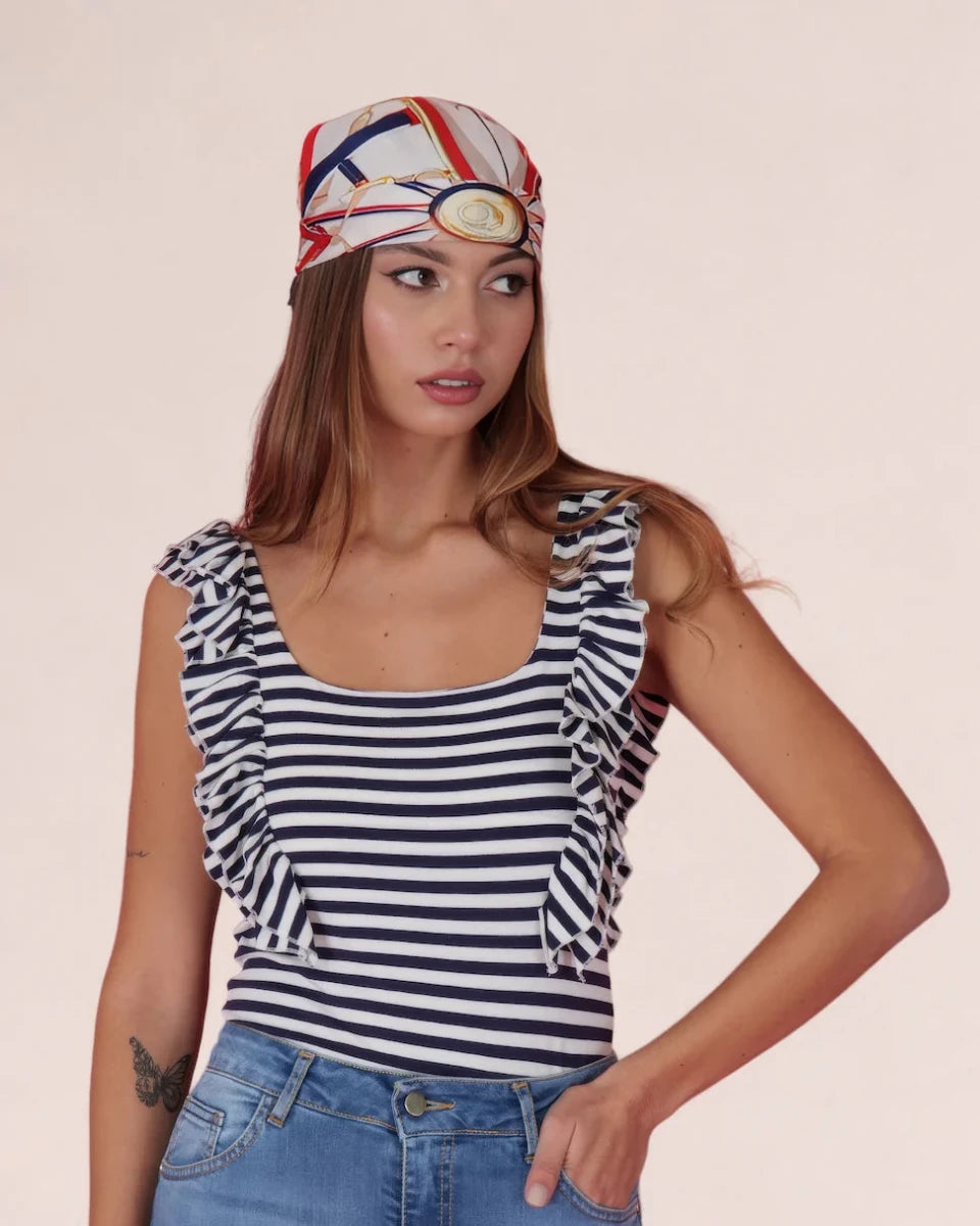 Ruffled Nautical Striped Top – Bianco e Blu - ELLY