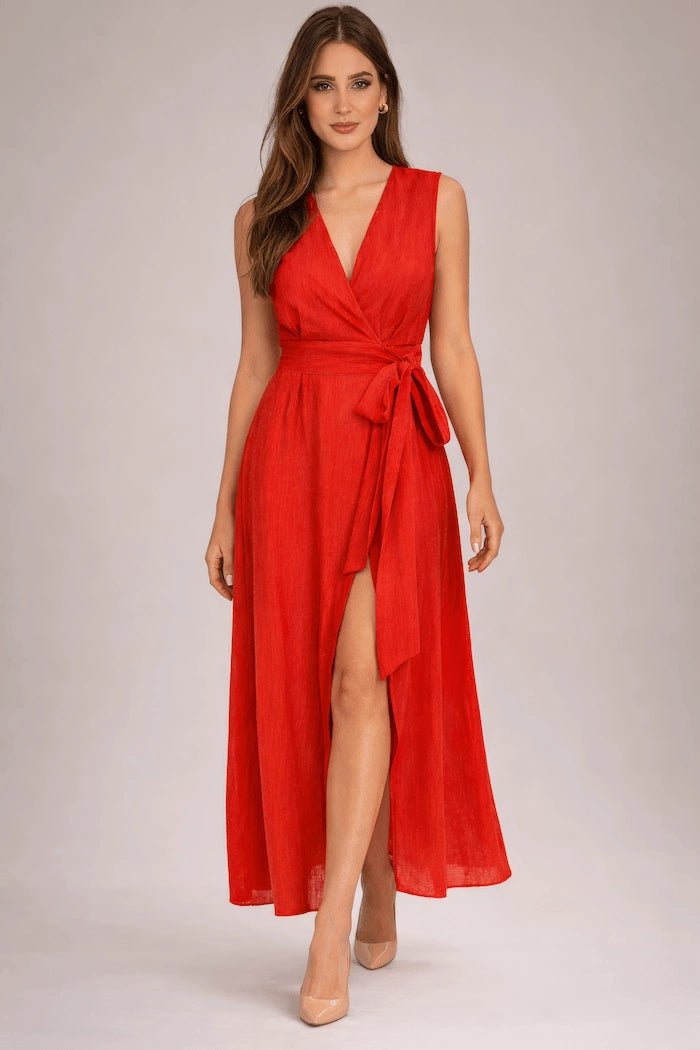 Rustic Red Stone - Washed Linen Wrap Maxi Dress - ELLY