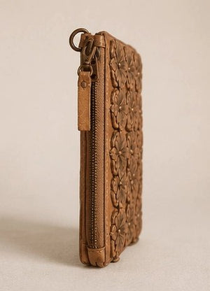 Sand Brown Floral Leather Clutch - ELLY