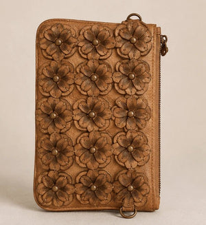 Sand Brown Floral Leather Clutch - ELLY