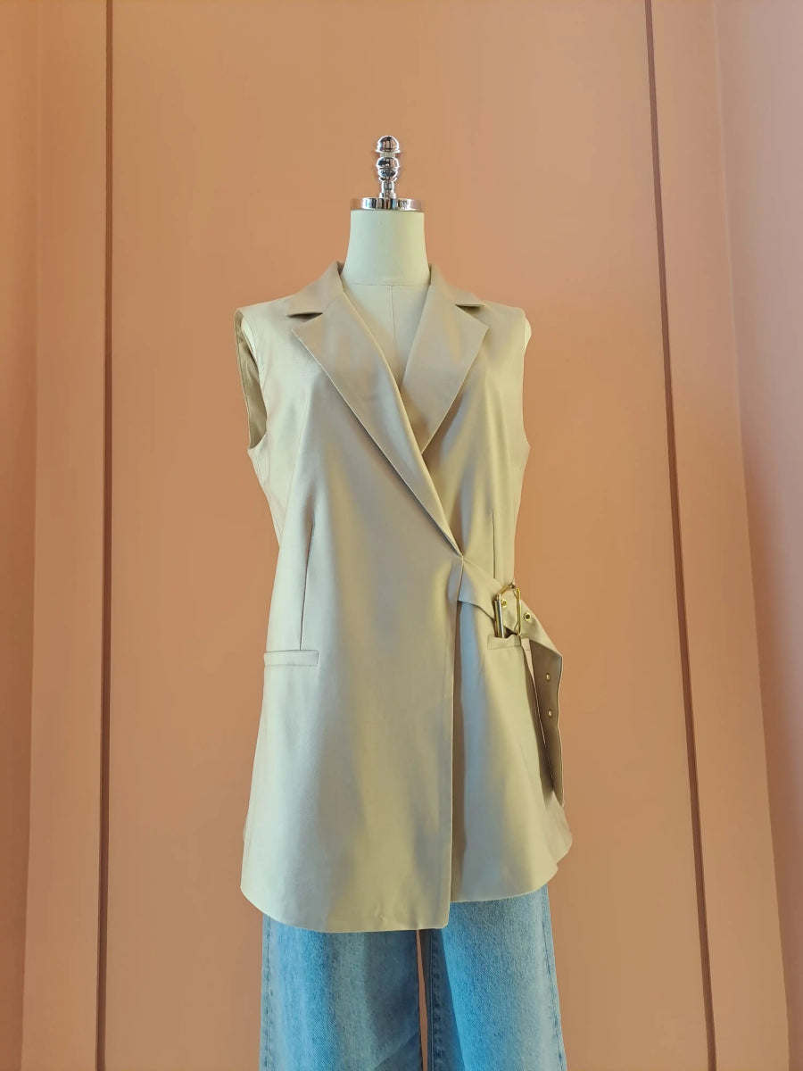 Sleeveless Belted Jacket – Beige - ELLY