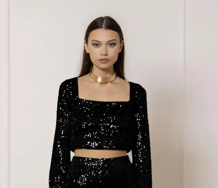 Sveva Top in Nero Paillettes - ELLY