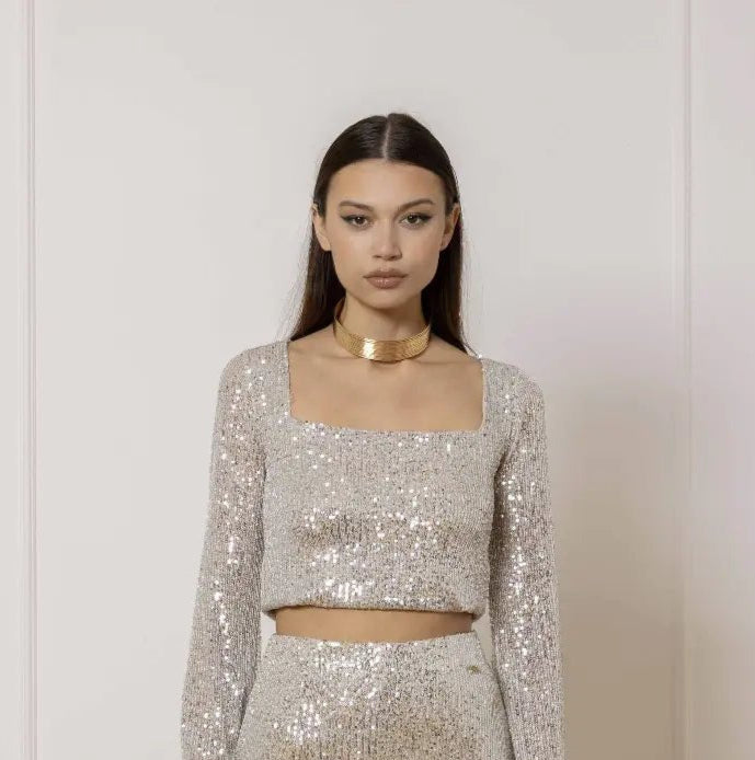 Sveva Top in Silver Paillettes - ELLY
