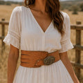 Tan Corset - Style Leather Belt with Engraved Statement Buckle - ELLY