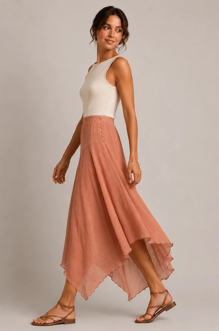 Terra Rose Asymmetric Midi Skirt - ELLY