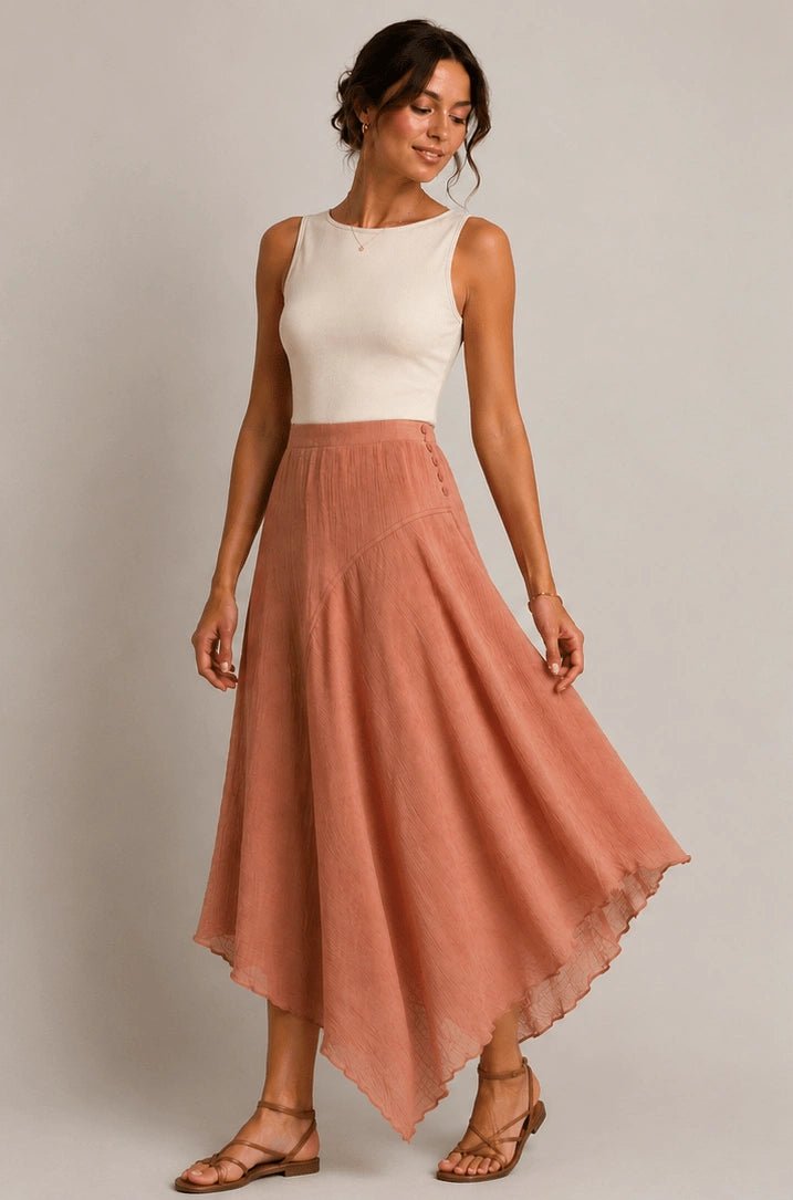 Terra Rose Asymmetric Midi Skirt - ELLY