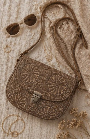 Tooled Floral Leather Crossbody Bag – Tan Brown - ELLY