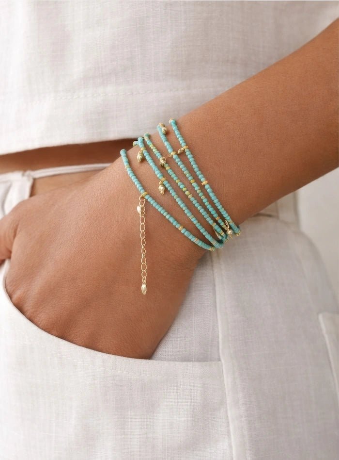 Turquoise Beaded Convertible Necklace, Bracelet & Belt with Gold Charms - ELLY