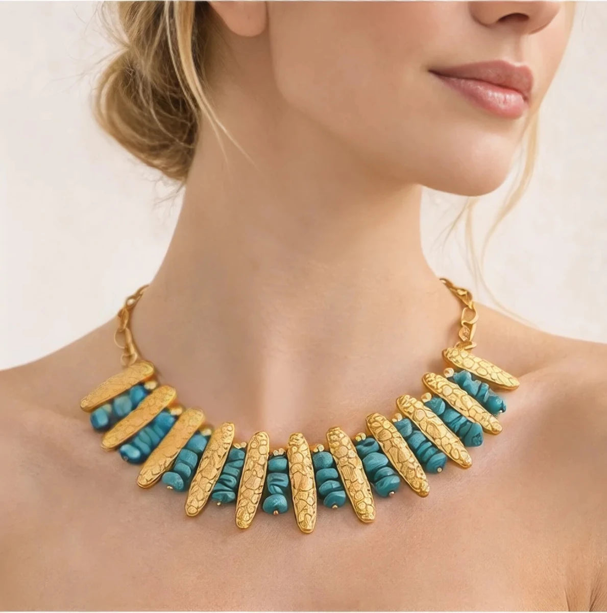 Turquoise & Textured Gold Statement Necklace - ELLY