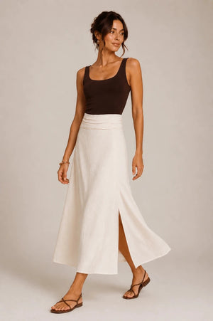 White Draped Waist Midi Skirt - ELLY